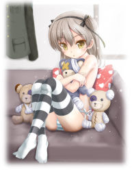Rule 34 | 10s, 1girl, :o, bandages, black thighhighs, blush, boko (girls und panzer), brown eyes, brown hair, flipper, girls und panzer, hair ribbon, hairband, hug, hugging doll, hugging object, long hair, looking at viewer, md5 mismatch, one side up, panties, resolution mismatch, ribbon, shimada arisu, side-tie panties, sitting, solo, source smaller, striped clothes, striped panties, striped thighhighs, stuffed animal, stuffed toy, teddy bear, thighhighs, topless, underwear, underwear only, white thighhighs