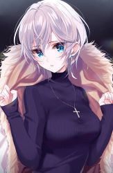 Rule 34 | 1girl, anastasia (idolmaster), bad id, bad pixiv id, blue eyes, blue sweater, blush, breasts, commentary request, cross, cross necklace, earrings, fingernails, fur-trimmed jacket, fur trim, grey hair, hair between eyes, hands up, head tilt, highres, idolmaster, idolmaster cinderella girls, jacket, jacket on shoulders, jewelry, latin cross, long sleeves, medium breasts, misumi (macaroni), necklace, open clothes, open jacket, parted lips, ribbed sweater, sleeves past wrists, solo, sweater, upper body, white jacket