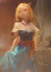 Rule 34 | 1girl, alice margatroid, alternate eye color, artist name, blonde hair, blue dress, capelet, closed mouth, commission, crown, dated, diao (nrays), dress, highres, looking down, mini crown, pink neckwear, pink sash, sash, short hair, sidelocks, signature, skirt hold, solo, touhou, traditional media, white capelet, yellow eyes