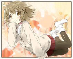 Rule 34 | 1girl, ahoge, aoki ume, bent over, black pantyhose, border, brown eyes, brown hair, hair ornament, hand on own cheek, hand on own face, hand up, hidamari sketch, long sleeves, looking at viewer, no shoes, official alternate costume, official art, orange background, pantyhose, red skirt, shirt, short hair, silk, skirt, sleeves past fingers, sleeves past wrists, smile, socks, solo, white background, white shirt, white sleeves, x hair ornament, yuno (hidamari sketch)