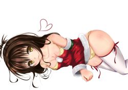 Rule 34 | 10s, 1girl, artist request, bra, breasts, brown eyes, brown hair, cleavage, female focus, heart, lying, mouth hold, on side, panties, solo, thighhighs, to love-ru, to love-ru darkness, underwear, white thighhighs, yellow eyes, yuuki mikan