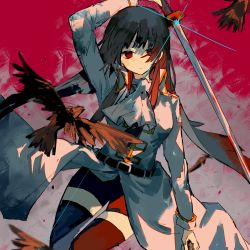 Rule 34 | 1girl, ascot, bird, blood, blue hair, blunt bangs, crow, dark blue hair, gintama, he (minty), highres, holding, holding sword, holding weapon, imai nobume, long hair, long sleeves, looking at viewer, military, military uniform, red eyes, red theme, shorts, solo, sword, thighhighs, uniform, weapon