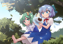 Rule 34 | 2girls, barefoot, blue bow, blue dress, blue eyes, blue hair, bow, branch, candy, chocolate, chocolate heart, cirno, collared dress, collared shirt, commentary request, commission, daiyousei, day, dress, eating, eyelashes, fairy wings, food, food on face, green eyes, green hair, hair bow, hair ribbon, heart, heebee, ice, ice wings, in tree, juliet sleeves, leaf, light rays, long sleeves, looking at another, multiple girls, neck ribbon, one side up, pinafore dress, puffy sleeves, red ribbon, ribbon, shirt, short hair, sitting, sitting in tree, skeb commission, sleeveless dress, smile, touhou, tree, wing collar, wings, yellow bow