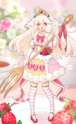 Rule 34 | 1girl, absurdres, blurry, blurry background, blush, bow, cake, dress, elbow gloves, food, food-themed clothes, fork, fruit, full body, gloves, highres, long hair, looking at viewer, marian oekaki, open mouth, original, oversized object, pink eyes, plate, short sleeves, smile, solo, strawberry, strawberry shortcake, striped clothes, striped thighhighs, thighhighs, tiara, underbust, very long hair, whipped cream, white hair