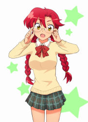 Rule 34 | 00s, 1girl, alternate hairstyle, bespectacled, blush, bow, braid, breasts, cowboy shot, female focus, glasses, large breasts, long hair, looking at viewer, open mouth, plaid, plaid skirt, pleated skirt, red hair, school uniform, simple background, skirt, solo, standing, star (symbol), supinosu, sweater, tengen toppa gurren lagann, thigh gap, thighs, twin braids, white background, yellow eyes, yoko littner