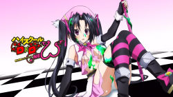 Rule 34 | 10s, 1girl, black hair, breasts, checkered floor, copyright name, demon girl, detached sleeves, eyecatch, hair ribbon, hat, high school dxd, high school dxd new, highres, holding, long hair, nipples, open mouth, panties, pink ribbon, purple eyes, ribbon, screencap, serafall leviathan, slime (substance), solo, striped clothes, striped thighhighs, thighhighs, torn clothes, torn thighhighs, twintails, underwear, white panties