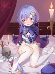 Rule 34 | 1girl, absurdres, animal print, bandages, bead necklace, beads, bear panties, bear print, bed sheet, bedroom, blush, braid, braided ponytail, breasts, candle, full body, genshin impact, hair ornament, hand on own chest, hat, highres, jewelry, jiangshi, long sleeves, looking at viewer, necklace, on bed, open mouth, panties, panties around leg, unworn panties, print panties, purple eyes, purple hair, qiqi (genshin impact), skull, small breasts, solo, thighhighs, underwear, white thighhighs, yansuiyuluo