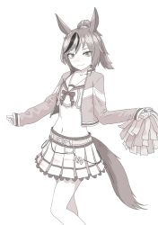Rule 34 | 1girl, animal ears, belt, blush, cheerleader, crop top, greyscale, highres, holding, holding pom poms, horse ears, horse girl, horse tail, jacket, long sleeves, looking at viewer, monochrome, multicolored hair, nice nature (run&amp;win) (umamusume), nice nature (umamusume), nito (nshtntr), open clothes, open jacket, pleated skirt, pom pom (cheerleading), pom poms, ponytail, simple background, skirt, solo, streaked hair, tail, umamusume