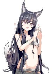 Rule 34 | 1girl, :d, animal ears, bandages, black hair, breasts, commentary request, fang, fingers together, fox ears, fox tail, heart, highres, long hair, midriff, navel, nosuku, open mouth, original, pink eyes, sarashi, simple background, small breasts, smile, steepled fingers, tail, underwear, underwear only, v-shaped eyebrows, white background