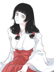 Rule 34 | 1girl, :t, black hair, blunt bangs, breasts, closed mouth, commentary, english commentary, eyelashes, grey eyes, hair ribbon, hakama, hakama skirt, hand on own thigh, highres, iori utahime, japanese clothes, jujutsu kaisen, kosode, long hair, long sleeves, looking at viewer, low twintails, miko, needbee r, nose, pout, red hakama, red ribbon, ribbon, sidelocks, simple background, skirt, solo, straight hair, tress ribbon, twintails, white background, wide sleeves