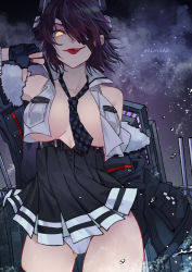 Rule 34 | 1girl, bare shoulders, black gloves, black hair, black skirt, breasts, checkered clothes, checkered neckwear, cleavage, collared shirt, commentary request, convenient censoring, cowboy shot, eyepatch, fur trim, gloves, glowing, glowing eyes, hair over one eye, headgear, high-waist skirt, jacket, unworn jacket, kantai collection, large breasts, machinery, march ab, necktie, night, night sky, off shoulder, open clothes, open shirt, panties, partially fingerless gloves, pleated skirt, purple hair, rigging, school uniform, shirt, short hair, skirt, sky, sleeveless, sleeveless shirt, tenryuu (kancolle), thighhighs, thighs, thumbs down, tongue, tongue out, turret, twitter username, unbuttoned, underboob, underwear, water drop, white panties, white shirt, yellow eyes