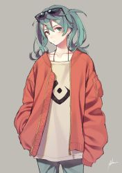 Rule 34 | 1girl, aiko (aiko 54), aqua eyes, aqua hair, artist name, closed mouth, collarbone, cowboy shot, earrings, eyewear on head, grey background, hair between eyes, hand in pocket, hatsune miku, highres, jacket, jewelry, long hair, looking at viewer, off-shoulder shirt, off shoulder, open clothes, open jacket, shirt, signature, simple background, solo, suna no wakusei (vocaloid), sunglasses, twintails, vocaloid