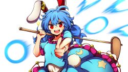 Rule 34 | &gt;:d, 1girl, :d, animal ears, baba (baba seimaijo), blue hair, blue shirt, blue skirt, rabbit ears, rabbit tail, commentary request, crescent print, danmaku, earclip, frilled skirt, frills, hair between eyes, highres, kine, looking at viewer, mallet, open mouth, over shoulder, pointing, pointing at viewer, puffy short sleeves, puffy sleeves, red eyes, seiran (touhou), shirt, short sleeves, skirt, smile, solo, sparkle, star (symbol), star print, tail, touhou, transparent background, upper body, v-shaped eyebrows