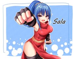 Rule 34 | 1girl, :d, absurdres, black gloves, black thighhighs, blue background, blue hair, character name, china dress, chinese clothes, clenched hand, cowboy shot, dress, english text, engrish text, ex idol, fingerless gloves, gloves, high ponytail, highres, long hair, looking at viewer, open mouth, pointy ears, ranguage, red dress, red eyes, sarah (shining force ii), sega, shining (series), shining force ii, simple background, smile, solo, standing, thighhighs, zettai ryouiki