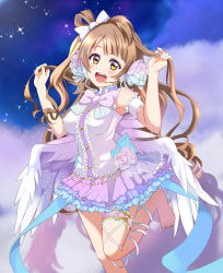 Rule 34 | 1girl, :d, arm strap, barefoot, blouse, blue sky, bow, bowtie, brown hair, bunbun (midukikome), cloud, feathered wings, floating hair, flower, grey ribbon, hair bow, hair ornament, hair ribbon, head tilt, highres, holding, holding own hair, layered skirt, leg ribbon, leg up, long hair, looking at viewer, love live!, love live! school idol festival, love live! school idol project, microphone, minami kotori, miniskirt, open mouth, pink flower, ribbon, shirt, skirt, sky, sleeveless, sleeveless shirt, smile, solo, standing, standing on one leg, star (sky), starry sky, striped, striped bow, thigh ribbon, thigh strap, very long hair, white bow, white ribbon, white shirt, white wings, wings, yellow eyes