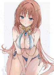 Rule 34 | 1girl, adapted costume, aqua eyes, armlet, bare legs, bare shoulders, barefoot, between breasts, between legs, bikini, blue bikini, blue gemstone, blush, bracer, breasts, chain, circlet, cleavage, gem, genshin impact, gold chain, hand between legs, highres, jewelry, large breasts, long hair, looking at viewer, maruro, navel, nilou (genshin impact), open mouth, parted bangs, red hair, side-tie bikini bottom, sitting, solo, stomach, swimsuit, thighs, two-tone background, wariza