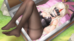 Rule 34 | 1girl, animal ears, armlet, arms behind back, ass, bad id, bad pixiv id, bare shoulders, black pantyhose, blindfold, blonde hair, blush, breasts, cleavage, drooling, fake animal ears, gag, gagged, genshin impact, hair ornament, highres, leotard, long hair, lying, mvv, ningguang (genshin impact), on back, pantyhose, pasties, playboy bunny, pussy juice, rabbit ears, restrained, solo, thighband pantyhose, wiffle gag