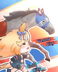 Rule 34 | 1girl, animal, animal ears, blonde hair, blue bow, bow, character name, chibi, choker, chokueji, cutoffs, denim, denim shorts, ear bow, ear ornament, english text, gold city (umamusume), highres, horse, horse ears, horse girl, horse tail, jacket, long hair, mask, midriff, mixed-language commentary, open clothes, open jacket, open mouth, running, shorts, strapless, tail, thigh strap, tube top, umamusume