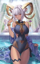 Rule 34 | 1girl, animal ears, arknights, black one-piece swimsuit, breasts, carnelian (arknights), clothing cutout, cowboy shot, curled horns, dark-skinned female, dark skin, gluteal fold, goat ears, goat girl, goat horns, hand up, highres, horn ornament, horns, large breasts, looking at viewer, navel cutout, one-piece swimsuit, pool, red eyes, roki (shouka65), short hair, smile, solo, swimsuit, thigh gap, thigh strap, thighs, water, wet, white hair