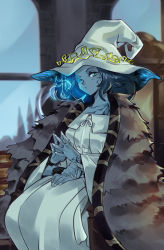 Rule 34 | 1girl, blue hair, blue skin, cloak, colored skin, cracked skin, elden ring, extra arms, extra faces, feet out of frame, fur cloak, hat, highres, large hat, one eye closed, own hands together, ranni the witch, sitting, solo, white hat, window, witch hat, z0mbiraptor