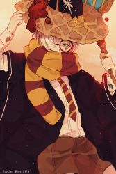 Rule 34 | adjusting clothes, adjusting headwear, arms up, brown pants, cookie run, diagonal stripes, highres, ice cream cone, long sleeves, pants, personification, red neckwear, red scarf, round eyewear, scarf, shirt, solo, striped clothes, striped neckwear, striped scarf, twice12314, waffle cone, white hair, white shirt, yellow neckwear, yellow scarf