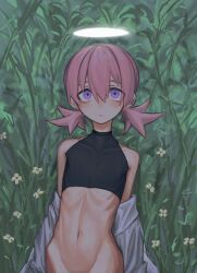 Rule 34 | 1girl, absurdres, blush, bottomless, closed mouth, ear piercing, flat chest, flower, grass, hair between eyes, halo, highres, looking at viewer, off shoulder, open clothes, open shirt, original, out-of-frame censoring, piercing, pink hair, purple eyes, ribs, shirt, short twintails, sleeveless, solo, toxic ghost, twintails, white flower, white shirt