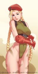 Rule 34 | 1girl, absurdres, artist request, bad id, bad twitter id, blonde hair, blue eyes, bodypaint, bodysuit, braid, breasts, cammy white, curvy, fingerless gloves, garrison cap, gloves, green leotard, hat, highleg, highleg leotard, highres, large breasts, leotard, long hair, long sleeves, looking at viewer, red hat, ribbed leotard, self-upload, skin tight, smile, solo, street fighter, street fighter v, thighs, thong leotard, twin braids, upsi1on, very long hair