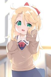 Rule 34 | 1girl, :d, backlighting, blonde hair, blue dress, blurry, blurry background, blush, bow, brown sweater, chair, collared dress, commentary request, day, depth of field, desk, dress, green eyes, hair between eyes, hair bow, half-closed eye, hands up, highres, himesaka noa, indoors, long hair, long sleeves, looking at viewer, makuran, open mouth, parted bangs, ponytail, red bow, school chair, school desk, school uniform, short eyebrows, sleeves past fingers, sleeves past wrists, smile, solo, sunlight, sweater, thick eyebrows, uneven eyes, very long hair, watashi ni tenshi ga maiorita!, window
