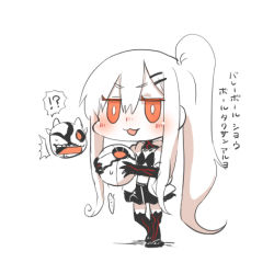Rule 34 | !?, &gt;:3, 10s, 1girl, :3, abyssal ship, aircraft carrier princess, alternate costume, bikini, bikini top only, blush, chibi, enemy aircraft (kancolle), jacket, kantai collection, long hair, lowres, monochrome, open clothes, open jacket, orange eyes, rebecca (keinelove), side ponytail, skirt, swimsuit, thighhighs, translation request, v-shaped eyebrows, very long hair