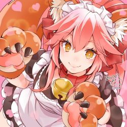 Rule 34 | 1girl, akatsuki hijiri, alternate costume, animal ear fluff, animal ears, animal hands, apron, bell, belt collar, black dress, blush, bow, bright pupils, claws, closed mouth, collar, dress, enmaided, fang, fate/extra, fate (series), fox ears, fox tail, gloves, hair between eyes, heart, looking at viewer, maid, maid apron, maid headdress, neck bell, paw gloves, paw pose, pink background, pink hair, red bow, short sleeves, sidelocks, simple background, smile, solo, tail, tamamo (fate), tamamo cat (fate), tamamo cat (second ascension) (fate), thick eyebrows, white pupils, yellow eyes