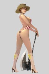 Rule 34 | 1girl, ass, axe, bad id, bad pixiv id, bare shoulders, blue eyes, boots, breasts, brown hair, butt crack, cowboy hat, hat, high heel boots, high heels, large breasts, legs, md5 mismatch, short hair, sideboob, solo, swimsuit, take no ko (dodon), thighs, weapon