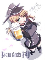 Rule 34 | 1girl, 547th sy, alcohol, anchor hair ornament, beer, beer mug, black skirt, black thighhighs, blonde hair, commentary request, cross, cup, from above, german text, gloves, green eyes, grey hat, hair ornament, hat, highres, iron cross, kantai collection, long hair, looking at viewer, low twintails, microskirt, military, military hat, military uniform, mug, one eye closed, peaked cap, pleated skirt, prinz eugen (kancolle), skirt, solo, thighhighs, translation request, twintails, uniform, white gloves