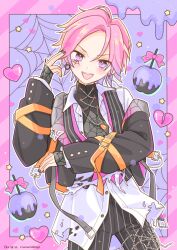 Rule 34 | 1boy, apple, blush, border, bow, broken heart, ensemble stars!, food, fruit, heart, highres, long sleeves, looking at viewer, male focus, manamoko (fancy surprise!), official alternate costume, open mouth, oukawa kohaku, pink border, pink bow, pink hair, purple background, purple eyes, smile, solo, spider (ensemble stars!), star (symbol), striped border