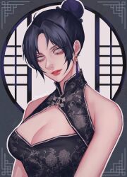 Rule 34 | 1girl, alternate costume, apex legends, black dress, black hair, bun cover, china dress, chinese clothes, cleavage cutout, clothing cutout, dress, earrings, grey eyes, hair behind ear, hair bun, head tilt, highres, jewelry, looking at viewer, no pupils, nose piercing, parted bangs, parted lips, piercing, portrait, red lips, single hair bun, sleeveless, sleeveless dress, smile, solo, tama (ponz3o1), tassel, tassel earrings, wraith (apex legends)