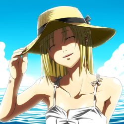 Rule 34 | 00s, 1girl, ^ ^, alternate hairstyle, artoria pendragon (all), artoria pendragon (fate), bare shoulders, blonde hair, closed eyes, cloud, collarbone, day, closed eyes, fate/stay night, fate (series), hair down, hand on headwear, hat, nazo kichi, ocean, outdoors, saber (fate), shade, sky, solo, upper body