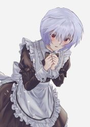 Rule 34 | 1girl, apron, ayanami rei, blue hair, blush, commentary request, highres, long sleeves, looking at viewer, maid, maid apron, meibing uc, neon genesis evangelion, parted lips, puffy long sleeves, puffy sleeves, red eyes, short hair, simple background, solo, white apron, white background