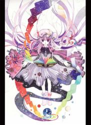 Rule 34 | 1girl, amano miyabi, book, colorful, female focus, floating, floating hair, floating object, flying paper, hat, highres, long hair, magic, outstretched arms, painting (medium), paper, patchouli knowledge, pillarboxed, planet, purple eyes, purple hair, rainbow order, solo, spread arms, touhou, traditional media, very long hair, watercolor (medium)