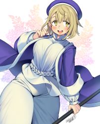 Rule 34 | 1girl, :d, blonde hair, blush, breasts, cowboy shot, dungeon meshi, falin touden, falin touden (tallman), floral background, hat, highres, holding, holding staff, iroyopon, jacket, large breasts, long sleeves, looking away, open mouth, pants, purple jacket, sash, shirt, short hair, sideways glance, sleeves rolled up, smile, solo, staff, white background, white pants, white shirt, yellow eyes