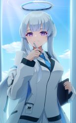 Rule 34 | 1girl, absurdres, blazer, blue archive, blue sky, blunt bangs, blurry, book, cloud, cloudy sky, coat, collared shirt, commentary request, depth of field, halo, highres, holding, holding book, holding pen, jacket, long hair, long sleeves, looking at viewer, necktie, noa (blue archive), pen, pleated skirt, purple eyes, school uniform, shirt, sidelocks, skirt, sky, smile, solo, sunlight, tigla, white coat, white hair