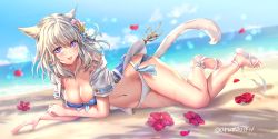 Rule 34 | 1girl, :d, animal ears, aruma jiki, warrior of light (ff14), beach, bikini, blush, breasts, cat ears, cat tail, day, final fantasy, final fantasy xiv, flower, hair flower, hair ornament, hibiscus, jacket, large breasts, looking at viewer, medium hair, miqo&#039;te, navel, open clothes, open jacket, open mouth, outdoors, purple eyes, sandals, slit pupils, smile, solo, swimsuit, tail, thighs, wet, white bikini, white hair, wide hips
