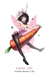 Rule 34 | 1girl, animal ears, artist name, black hair, black pantyhose, bow, bowtie, card, carrot, character name, clover, coin, detached collar, fishnet pantyhose, fishnets, four-leaf clover, full body, high heels, inaba tewi, jewelry, leotard, looking at viewer, melon3, necklace, open mouth, pantyhose, playboy bunny, rabbit ears, rabbit tail, red eyes, short hair, smile, solo, tail, touhou, twitter username, white background, wrist cuffs