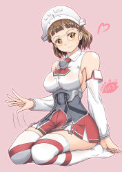 Rule 34 | 1girl, anchor, ascot, blunt bangs, blush, breasts, brown eyes, brown hair, collared shirt, corset, dated, detached sleeves, eyebrows, eyewear strap, full body, garter straps, glasses, headdress, kantai collection, lap pillow, lap pillow invitation, large breasts, looking at viewer, moke ro, pince-nez, pink background, red ascot, red skirt, red thighhighs, roma (kancolle), shirt, short hair, simple background, sitting, skirt, sleeveless, sleeveless shirt, solo, striped clothes, striped thighhighs, thighhighs, thighs, twitter username, wariza, wavy hair, white thighhighs