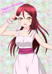 Rule 34 | 1girl, absurdres, artist name, artist request, bare shoulders, blush, bow, breasts, brown eyes, close-up, collarbone, dress, female focus, hair between eyes, hair ornament, hair ribbon, hairclip, half updo, highres, jewelry, long hair, looking at viewer, love live!, love live! school idol festival, love live! sunshine!!, minasesin, miniskirt, necklace, orange eyes, parted lips, pearl necklace, pink bow, pink dress, pink ribbon, pink scrunchie, pink skirt, plaid, plaid dress, plaid skirt, pleated, pleated dress, pleated skirt, polka dot, polka dot scrunchie, red hair, ribbon, sakurauchi riko, sash, scrunchie, skirt, sleeveless, sleeveless dress, small breasts, smile, solo, white bow, white ribbon, wrist scrunchie, yellow eyes