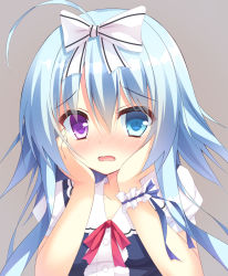 Rule 34 | 1girl, ahoge, bad id, bad pixiv id, blue eyes, blue hair, blue ribbon, blush, bow, collarbone, embarrassed, grey background, hair between eyes, hair bow, hands on own cheeks, hands on own face, hands up, heterochromia, highres, long hair, looking at viewer, minatsuki kou, nanakuni kotone, natsuiro kokoro log, nose blush, open mouth, puffy short sleeves, puffy sleeves, purple eyes, red ribbon, ribbon, short sleeves, simple background, solo, striped, striped bow, upper body, wavy mouth, white bow
