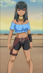 Rule 34 | 1girl, absurdres, black hair, cameltoe, dark-skinned female, dark skin, highres, kotsu masumi, long hair, red eyes, screencap, serious, solo, standing, third-party edit, yu-gi-oh!, yu-gi-oh! arc-v