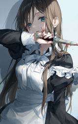 Rule 34 | 1girl, apron, black dress, blood, blue eyes, breasts, brown hair, dress, frills, highres, holding, juliet sleeves, knife, long hair, long sleeves, looking at viewer, maid, maid apron, medium breasts, original, parted lips, puffy sleeves, r o ha, solo, upper body