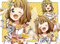 Rule 34 | 1girl, :d, ;d, blue eyes, blush, bow, brown eyes, closed eyes, commentary request, diagonal stripes, dress, frills, hair bow, hair ornament, idolmaster, idolmaster million live!, index finger raised, multiple views, one eye closed, open mouth, orange sailor collar, outstretched arm, pleated dress, puffy short sleeves, puffy sleeves, sailor collar, sailor dress, short sleeves, sleeveless, sleeveless dress, smile, star (symbol), star hair ornament, striped, striped background, suou momoko, white dress, yellow bow, yukie (kusaka shi)