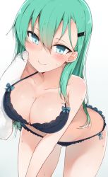 Rule 34 | 10s, 1girl, aqua eyes, black bra, black panties, blush, bow, bra, breasts, cleavage, cole (coleltu), frilled bra, frilled panties, frills, green hair, hair ornament, hairclip, jpeg artifacts, kantai collection, large breasts, leaning forward, long hair, panties, simple background, solo, standing, suzuya (kancolle), sweat, sweatdrop, towel, underwear, underwear only, white background