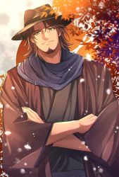 Rule 34 | 1boy, bad id, bad pixiv id, belmond banderas, black kimono, blue scarf, brown eyes, brown hair, brown hat, choco (chocovix112), closed mouth, crossed arms, facial hair, fedora, hat, head tilt, highres, japanese clothes, kimono, long sleeves, looking at viewer, male focus, nijisanji, open clothes, parted bangs, scarf, smile, solo, stubble, thick eyebrows, upper body, virtual youtuber, wide sleeves