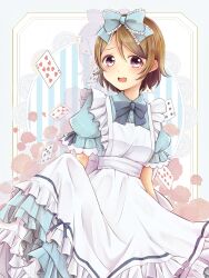 Rule 34 | 1girl, apron, blue bow, blue bowtie, bow, bowtie, brown hair, card, clothes lift, curly hair, dress, eyebrows hidden by hair, floral print, flower, frilled apron, frilled bow, frilled dress, frills, hair bow, kino (vecc5534), koizumi hanayo, layered skirt, love live!, love live! school idol project, open mouth, puffy short sleeves, puffy sleeves, purple eyes, rose, short sleeves, skirt, skirt lift, striped, teeth, upper teeth only, vertical stripes